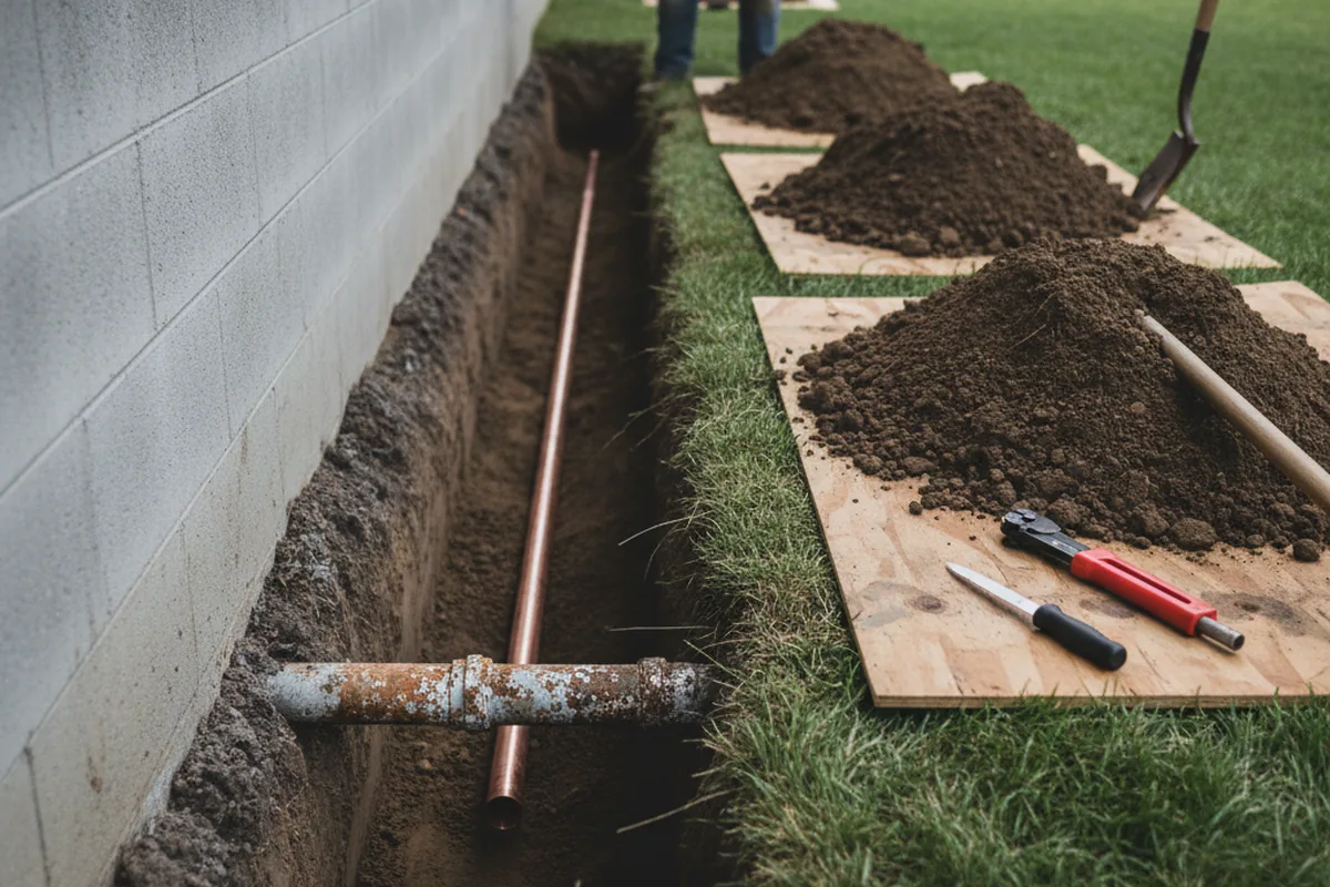 Excavated water line trench during Sewer Line Repair in Crescent